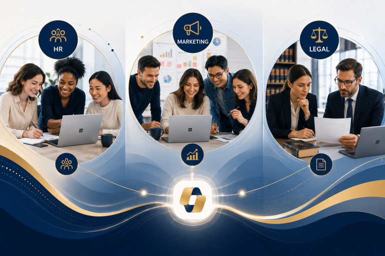 HR, Marketing, and Legal teams collaborating with Microsoft 365 Copilot